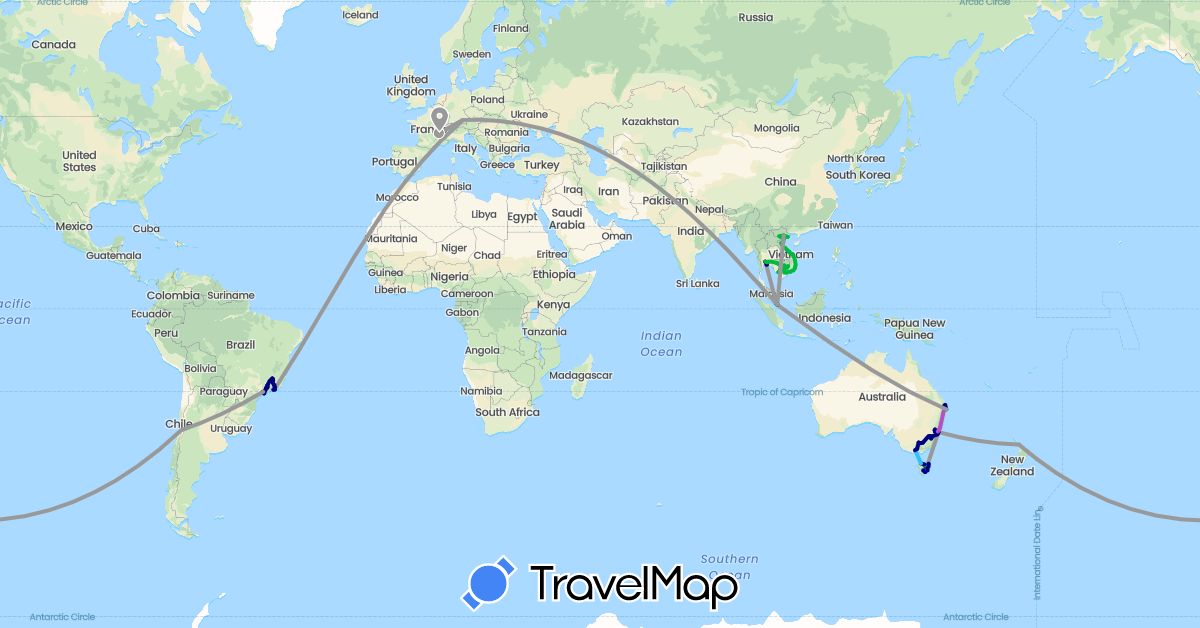 TravelMap itinerary: driving, bus, plane, train, boat in Australia, Brazil, Chile, Germany, France, Cambodia, Malaysia, New Zealand, Singapore, Thailand, Vietnam (Asia, Europe, Oceania, South America)