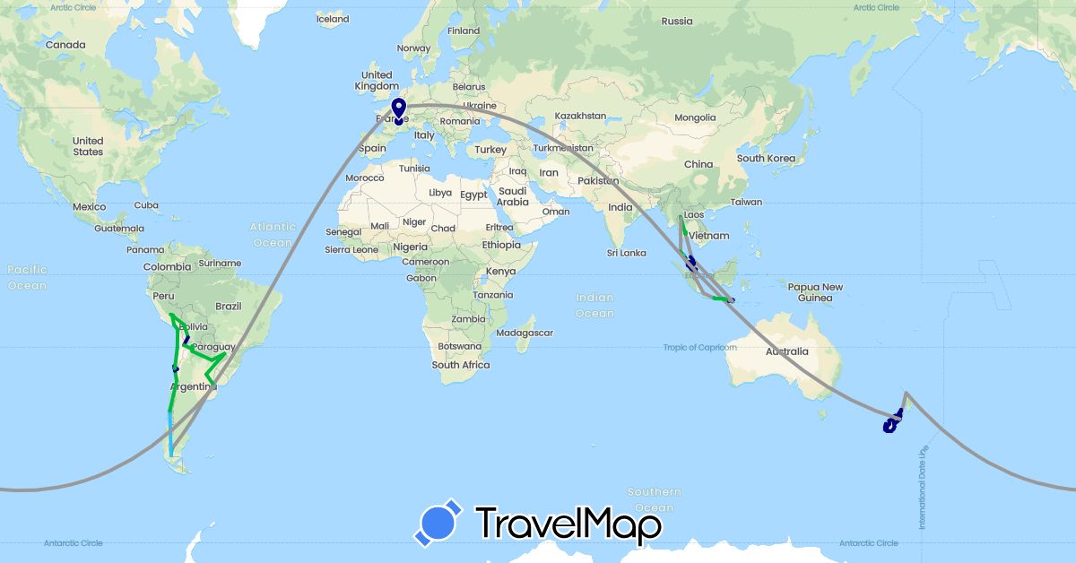 TravelMap itinerary: driving, bus, plane, hiking, boat, hitchhiking, motorbike in Argentina, Bolivia, Brazil, Chile, France, Indonesia, Malaysia, New Zealand, Peru, Singapore, Thailand (Asia, Europe, Oceania, South America)